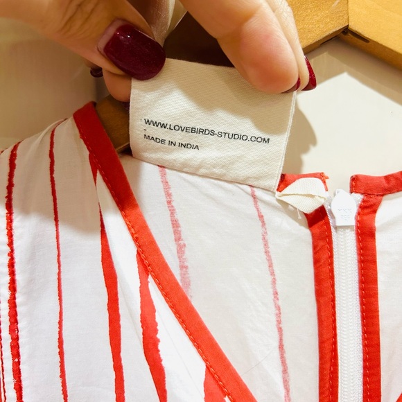 {LOVEBIRDS} Red & White Striped Designer High-Low Midi Dress - Picture 8 of 10
